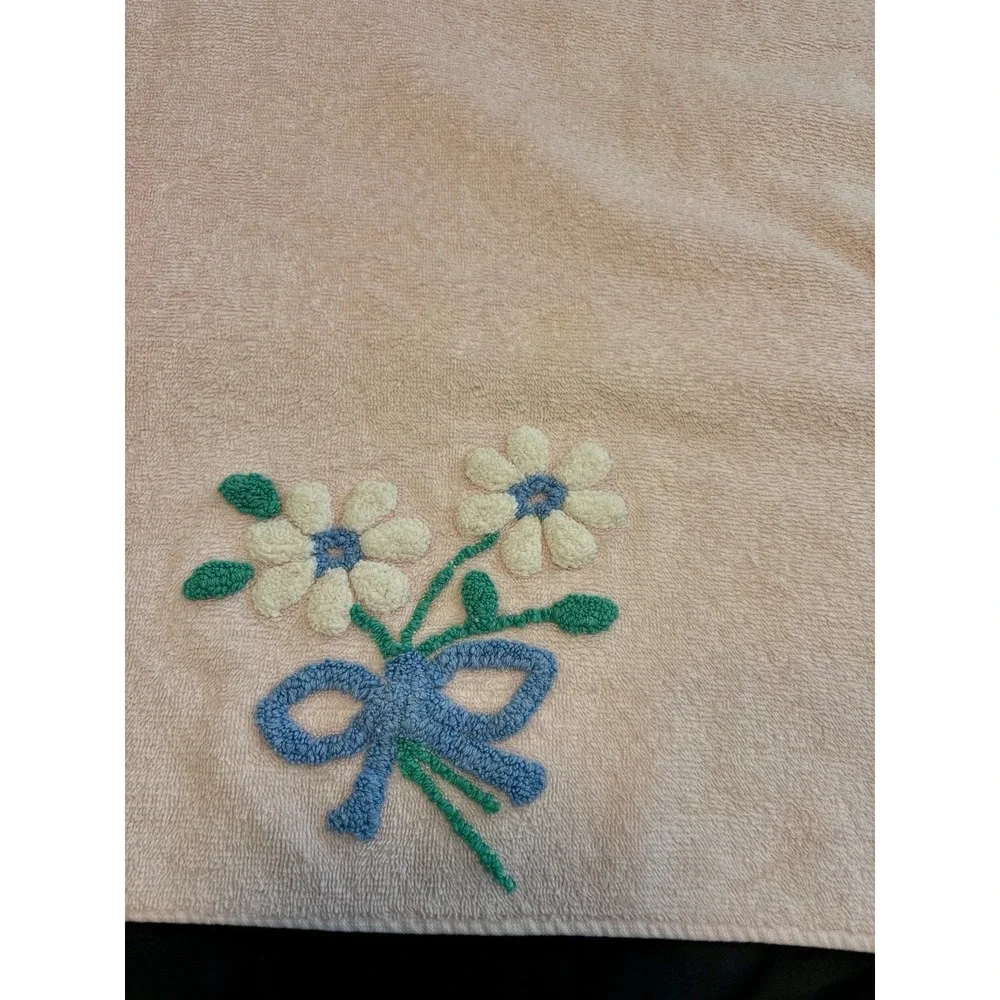 Vintage Martex Embroidered Floral Pink Terry 2pc Hand Towel & Washcloth 70's